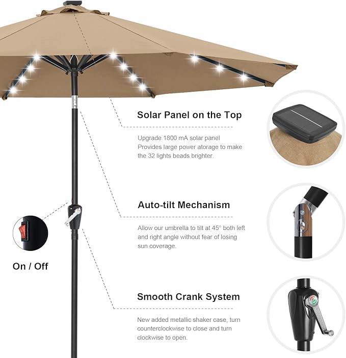 ABCCANOPY Durable Solar Led Patio Umbrellas with 32LED Lights 9FT (khaki)