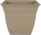 The HC Companies Eclipse Square Plastic Planter w/Attached Saucer - Outdoor & Indoor Plant Pot with Drainage Holes - Lightweight, UV-Resistant Plastic Pots for Plants (8" Sandstone, Pack of 1)