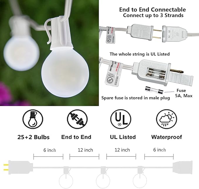 String Lights 25 Ft Frosted Globe G40 Bulbs, Warm White, Waterproof