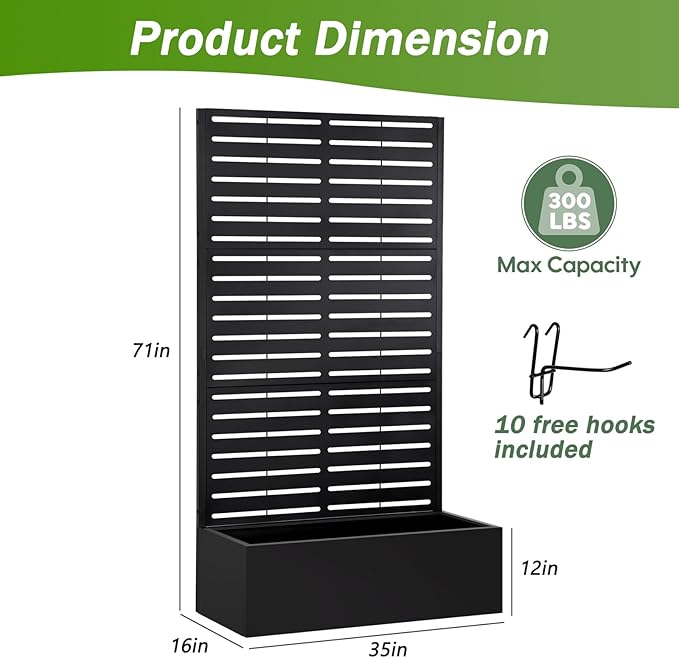 Metal Raised Garden Bed with Trellis,Planter Box for Climbing Plants, Vegetables & Vines, Features Drainage Holes and Privacy Screen.raised garden beds outdoor planters for porch (Black, 71"x35"x16")