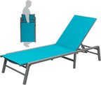 Kozyard 2-Pack Outdoor Lounge Chairs, Foldable Aluminum Frame Patio Chaise Lounge with 5-Position Adjustable Backrest, No Assembly, Breathable Textilene Fabric for Poolside Beach (Aqua, No Table)
