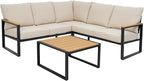 Metal Patio Furniture Set, 6 Pieces Outdoor Sectional Sofa Set with Side Table, L Shape Patio Conversation Set with Faux-Wood Tabletop, Outdoor Couch for Balcony, Porch, Backyard,Beige