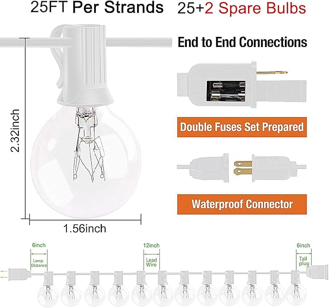 String Lights 25 ft Outdoor G40 Clear Edison Bulbs, Warm White