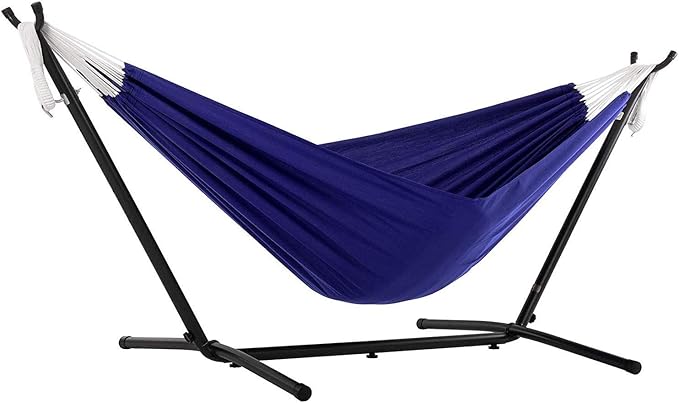 Vivere Double Polyester Hammock with Space Saving Steel Stand and Premium Carry Bag - 450 lb Capacity (Royal Blue)