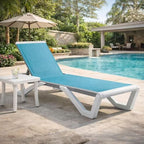 Kozyard Outdoor Chaise Lounge Chair, Full Flat Adjustable Patio Lounger with Aluminum Frame & Resin Legs, Textilene Fabric for Poolside, Backyard & Beach (Aqua/WhiteFrame, Chair + Table)
