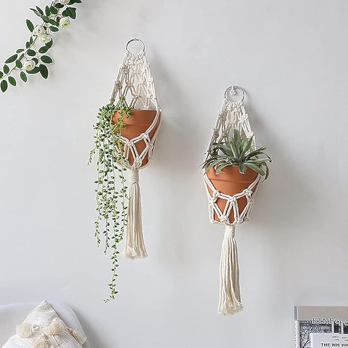 Artilady Boho Macrame Plant Hangers - Handmade Hemp Rope Hanging Baskets for Indoor Plants with Ceiling Hooks, Bohemian Home Decor Outdoor Wall Art (White Hanger-2pcs)