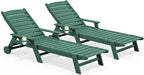 SERWALL Patio Chaise Lounge Chair Set of 2, 78'' Long 5-Positions Adjustable HDPE Outdoor Lounger for Pool, Poly Lounge Chair with Rolling Wheels & Cup Holder for Poolside, Deck, Dark Green