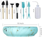 Succulent Pots, 10 Inch Large Succulent Planter Pots with Drainage - Ceramic Marble Bonsai Pot with Stand Shallow Planter for Cactus Flower Plants Plus Succulent Planting Tools Set & 2.2lb Mix Pebbles