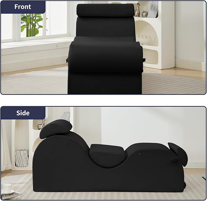 ijuicy Sleek Chaise Lounge Chair for Exercise/Yoga, Indoor Lounger with Headrest, Waist Cushion, Movable Footrest, Side Pockets, Non-Slip Bottom, High Density Sponge, Black