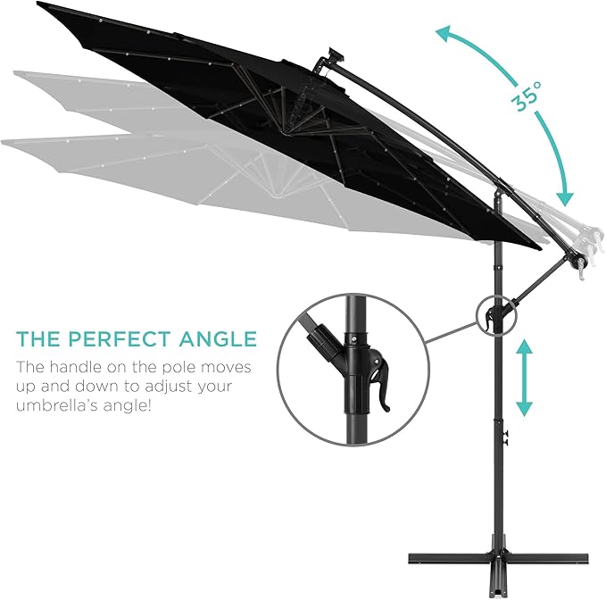 Best Choice Products 10ft Solar LED Offset Cantilever Hanging Market Patio Umbrella, 8 Sturdy Ribs, Easy Adjustment - Black