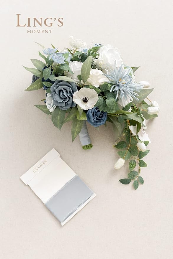 Artificial Flowers: Dusty Blue Cascade Bridal Bouquet, Silk with Pearls