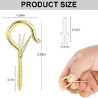 12 PCS Q-Hanger Hooks, Screw Hooks for Outdoor String Lights, Safety Buckle Design Cup Eye Hook for Hanging Christmas Lights, Plants, Wind Chimes, Mounted on Wall Ceiling, Windproof, Gold