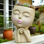 Face Head Planter, Funny Heads Plant Pots, Cute Girl Faces Plant Pot, Decorative Flower Pots, Cute Succulent Pots with Drainage for Home Garden Decor, Plant Lover's Gifts for Women (7" Khaki)