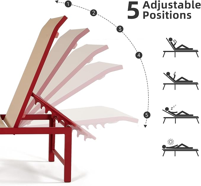 Lounge Chairs, 2-Pack Red Aluminum Recliners with 5 Reclining Positions