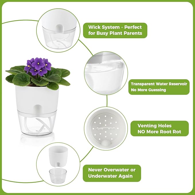Planterhoma 5 Pack Self Watering Pots for Indoor Plants, 4 Inch Plant Pot Plastic Self Watering Planter for Orchid, African Violet, Small Clear Flower Pots with Drainage Holes and Wicking Rope, White