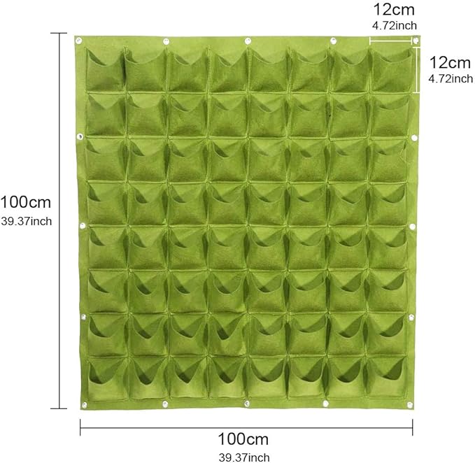 Hanging Planting Grow Bags, 64 Pockets Hanging Vertical Wall Planter Wall Mounted Grow Bag Outdoor Indoor Gardening Vertical Greening Flower Container, Planting Bags Storage Bags(1.0 m × 1.0 m, Green)