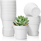 T4U 4 Inch Plant Pots 18-Pack, Small Flower Pots with Saucer and Drainage Hole, Durable Plastic Pots, Nursery Small Flower Pot Bulk for Plants, Succulent, Violet, Decorative (18 Pack 4" Pot, White)