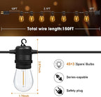 S14 LED Outdoor String Lights 150FT Patio Lights Outdoor Waterproof with 45+3 Shatterproof LED Bulbs, Hanging Backyard Lights for Outside Deck Patio Garden Balcony Decorations