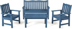 Stoog 4-Piece Patio Furniture Set, All-Weather HIPS Outdoor Dining Set, Includes 1 Bench, 2 Chairs, 1 Coffee Table, Blue