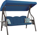 3-Seat Outdoor Porch Swing with Stand, Patio Swing with Canopy, 2 in 1 Porch Swing Bed & Patio Swing Chair for Adult w/Extra Pillows and Cup Holder for Yard (Blue)