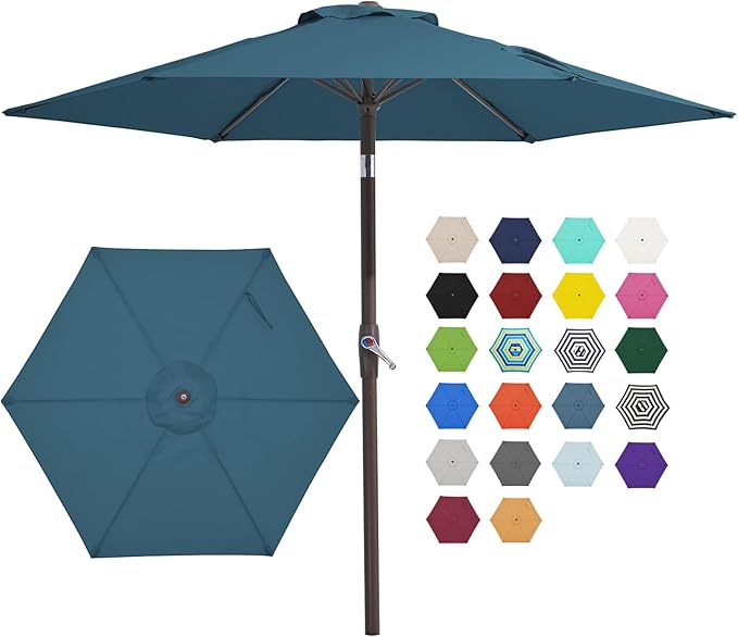 JEAREY 7.5FT Patio Umbrella Outdoor Market Umbrella with 6 Sturdy Ribs, Push Button Tilt/Crank Table Umbrella for Garden, Deck, Backyard and Pool, Lake Blue