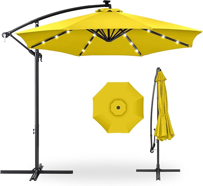Best Choice Products 10ft Solar LED Offset Cantilever Hanging Market Patio Umbrella, 8 Sturdy Ribs, Easy Adjustment - Yellow