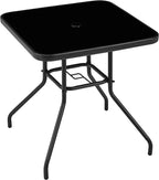 Yaheetech Outdoor Bistro Table with Umbrella Hole, 28in Patio Square Dining Table w/Silk Printing Glass Top, Weather-Resistant Patio Table for Garden Poolside Balcony Backyard, Black