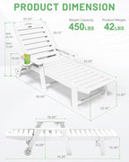 Lounge Chair Outdoor, Chaise Lounge Outdoor, HDPE 6-Position Lounge Chair for Outside, Patio Lounge Chair with Wheels & Cup Holder for Pool Poolside Deck Backyard, White