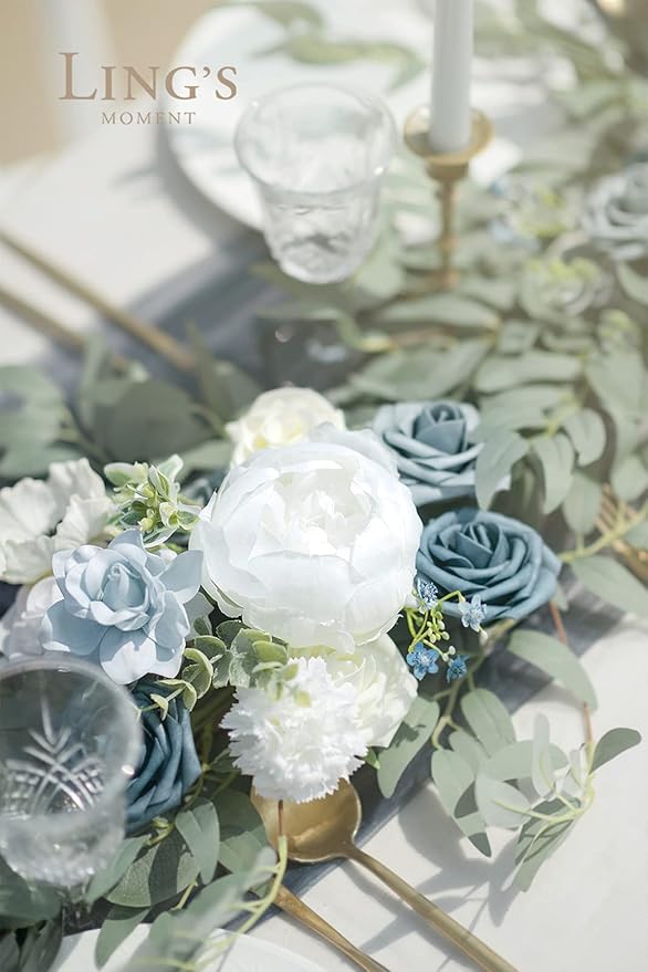 Artificial Flowers Garland, 6 Ft Dusty Blue Rose and Eucalyptus Vine