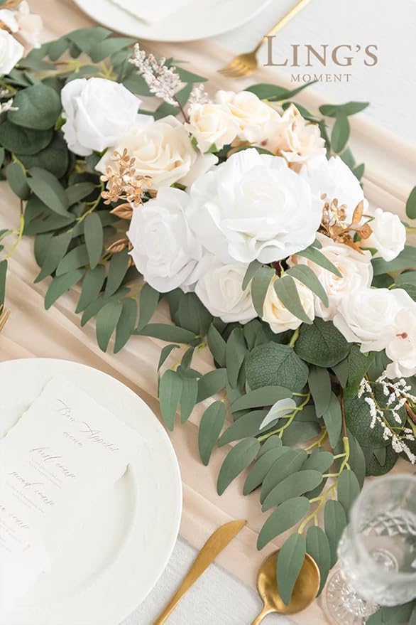Artificial Flower Garland, 6 Ft Eucalyptus & Willow Leaf in White Beige