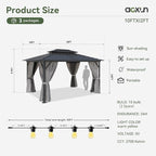Aoxun 10'x12' Hardtop Gazebo, Aluminum Frame Canopy with Double Galvanized Steel Roof, Outdoor Metal Pavilion with Netting, and LED Outdoor Waterproof Hanging Lights