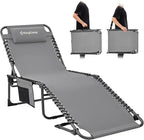 KingCamp Lounge Chair Outdoor, Folding Tanning Chairs Comfy Adjustable 5-Position Lay Flat Foldable Chaise Chaser Lounger with Pillow for Outside Beach Patio Sun Bathing Pool Backyard, Grey