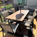 70" Patio Outdoor Dining Table for 4-6, Weather-Resistant Wood-Grain Top with Aluminum Frame & Umbrella Hole for Deck Gatherings, Brown