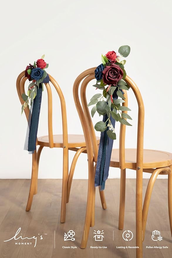 Artificial Flowers for Wedding Aisle, 8 Pack Burgundy and Navy Pew Decor