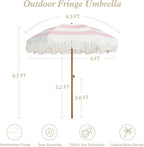 AMMSUN Boho Fringe Umbrella Outdoor Patio, 6.5ft UPF50+ Picnic Umbrella with Tassels with Steel Pole and Push Button Tilt, Pink Stripes