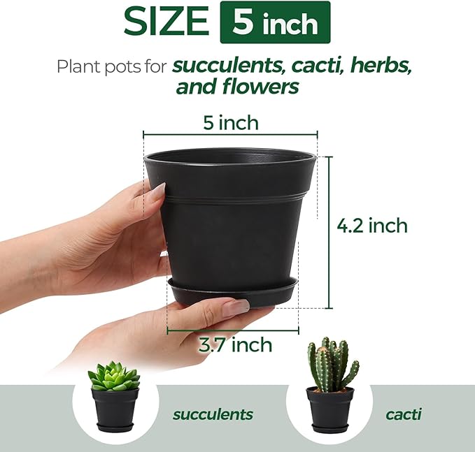 T4U 5 Inch Plant Pot 8-Pack, Plastic Pots with Drainage Hole and Saucer, Decorative Flower Pots Bulk for African Violet, Snake Plant, Succulent and All House Plants Indoor (8pcs 5" Pots, Black)