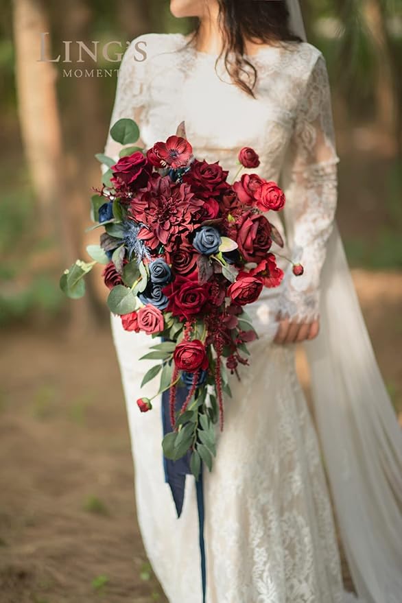 Artificial Flowers Bridal Bouquet in Burgundy and Navy Blue, 15-Inch