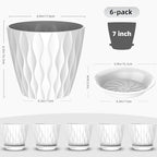 6 Pack 7 Inch Indoor Plant Pots with Drainage Holes, Outdoor Plastic Decorative Flower Pots, Garden Planters with Tray Saucers for Orchids, Violets, Succulents, Herbs, and Other Plants