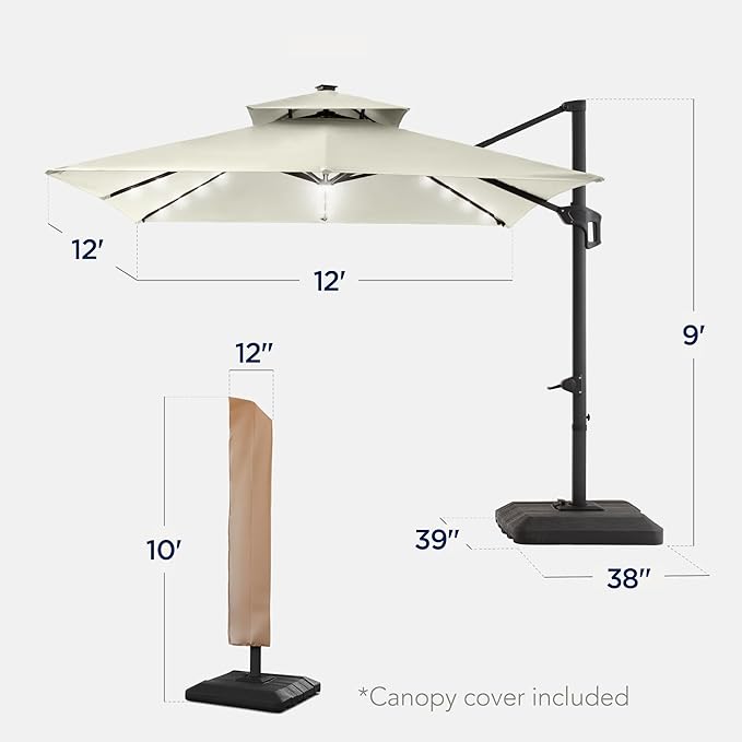 Best Choice Products 12x12ft LED Cantilever Patio Umbrella w/Base Included & 360° Rotation, Large Solar Offset Hanging Outdoor Sun Shade for Deck, Backyard Table w/Stand & Lights – Ivory