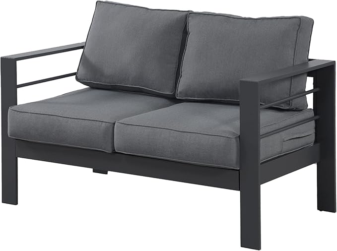 Wisteria Lane Patio Furniture Aluminum Loveseat, All-Weather Outdoor 2 Seats Sofa Couch, Gray Metal Chair with Dark Grey Cushions