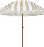 AMMSUN 7ft Patio Umbrella with Fringe Outdoor Tassel Umbrella UPF50+ Premium Steel Pole and Ribs Push Button Tilt, Stripe Beige