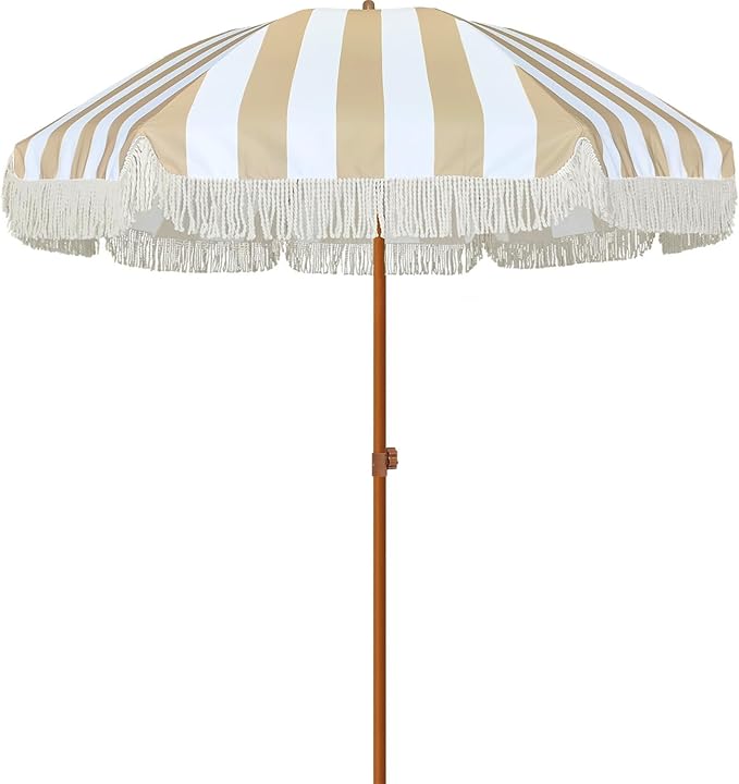 AMMSUN 7ft Patio Umbrella with Fringe Outdoor Tassel Umbrella UPF50+ Premium Steel Pole and Ribs Push Button Tilt, Stripe Beige
