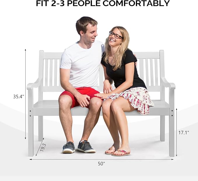 White Outdoor Wood Bench with Curved Armrests, 50-Inch Patio Loveseat