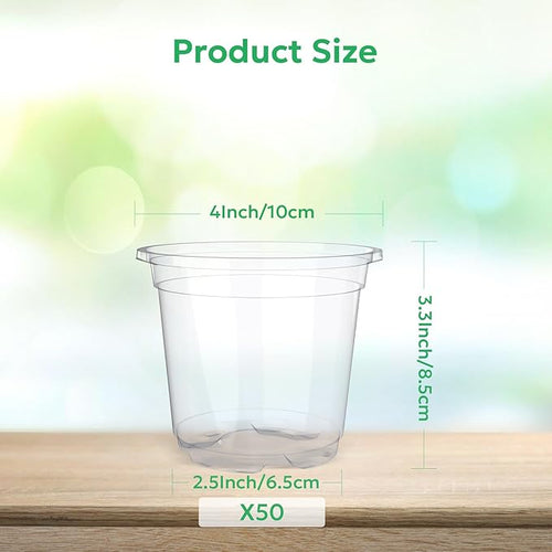 50 Packs 4 Inch Reinforced Clear Nursery Pots with Drainage Holes, Transparent Plastic Plant Pot Seedling Planter for Vegetable Propagation, Root Cutting, Seed Starting