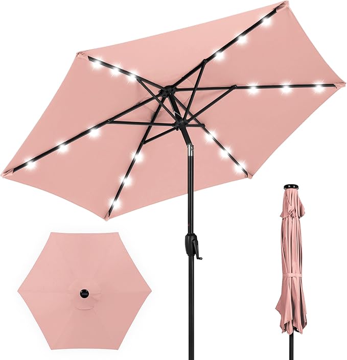 Best Choice Products 7.5ft Outdoor Solar Market Table Patio Umbrella for Deck, Pool w/Tilt, Crank, LED Lights - Rose Quartz