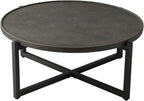 COSIEST Small Round Outdoor Coffee Table Dark Grey, 12''Hx31.5'''All-Weather Concrete Top Patio End Table W Metal Frame for Garden, Balcony and Living Room