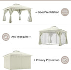 LAUSAINT HOME Semi-Permanent Outdoor Patio Gazebo 12'x12', Heavy Duty Party Tent Shelter with Double Roofs, Mosquito Nettings and Privacy Screens for Backyard, Garden, Lawn, Cream White