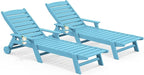 SERWALL Patio Chaise Lounge Chair Set of 2, 78'' Long 5-Positions Adjustable HDPE Outdoor Lounger for Pool, Poly Lounge Chair with Rolling Wheels & Cup Holder for Poolside, Deck, Light Blue