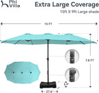 PHI VILLA 15ft Large Patio Umbrellas with Base Included, Outdoor Double-Sided Rectangle Market Umbrella with Crank Handle, for Poolside Lawn Garden, Turquois