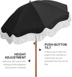 AMMSUN Boho Fringe Umbrella Outdoor Patio, 6.5ft UPF50+ Picnic Umbrella with Tassels with Steel Pole and Push Button Tilt, Noble Black